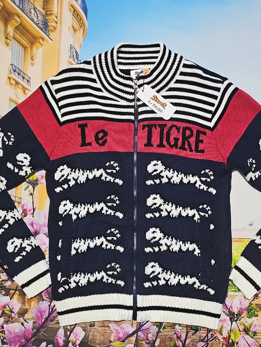 Le Tigre Navy Red and White Zip-Up Knit Sweater with Tiger Motif Large New - Picture 10 of 10